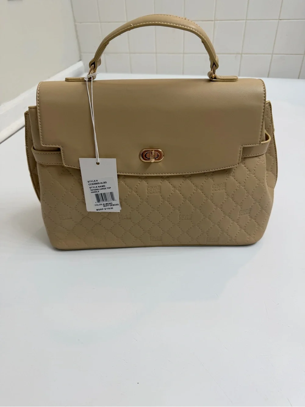 Cavalli Class Tatiana Quilted Top Handle Bag Almond NWT Strap + Dust Bag